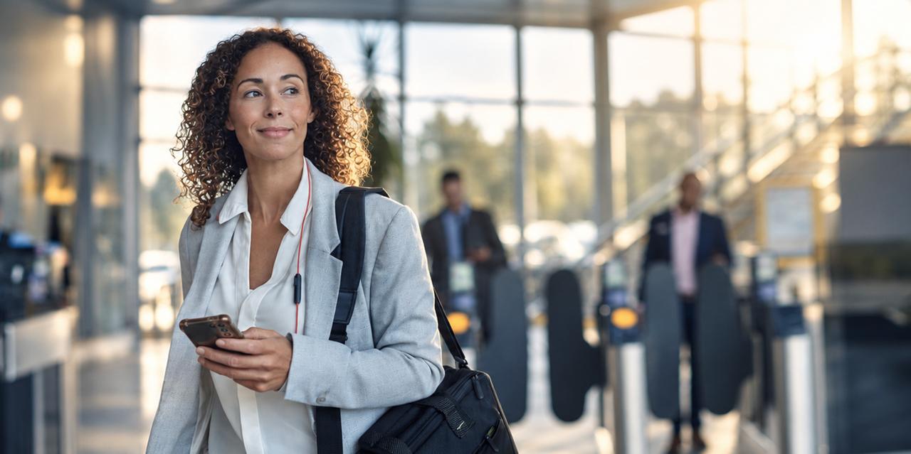 A woman holds a phone while standing in a bright office lobby.