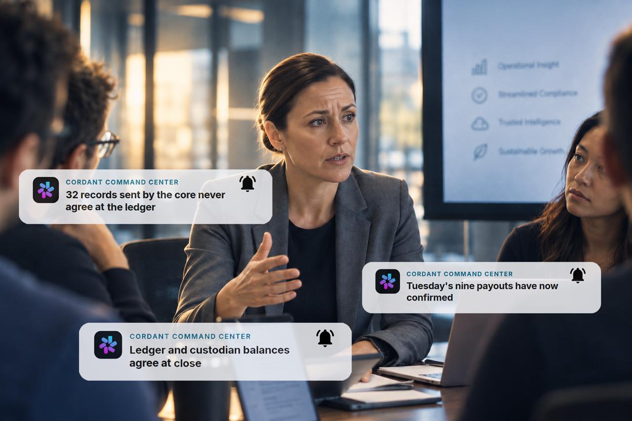 An operations meeting with Cordant alerts confirming reconciliation, payouts and ledger balances.