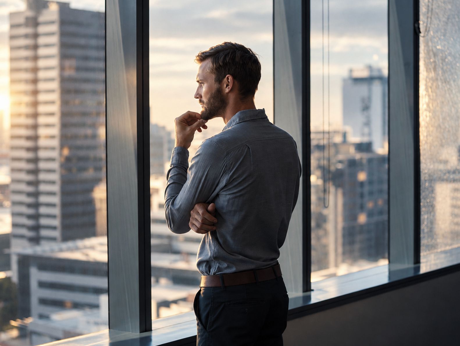 A man looks across the city from an office window.