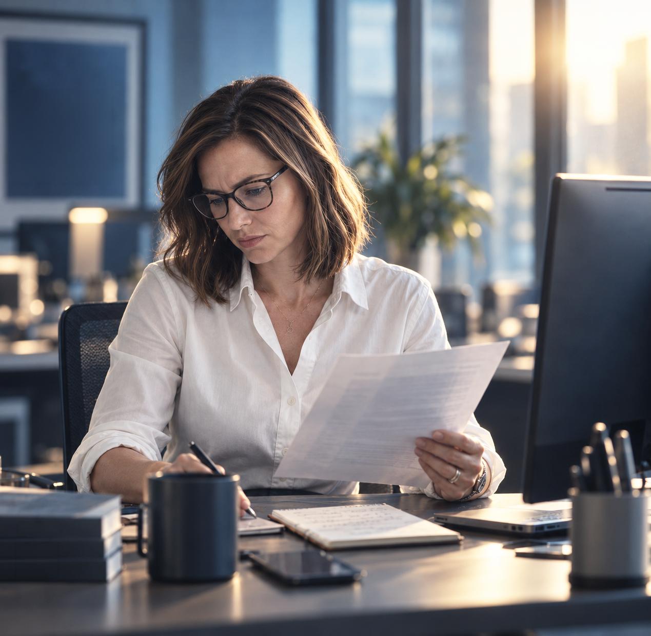 A woman reviews paperwork at her desk.