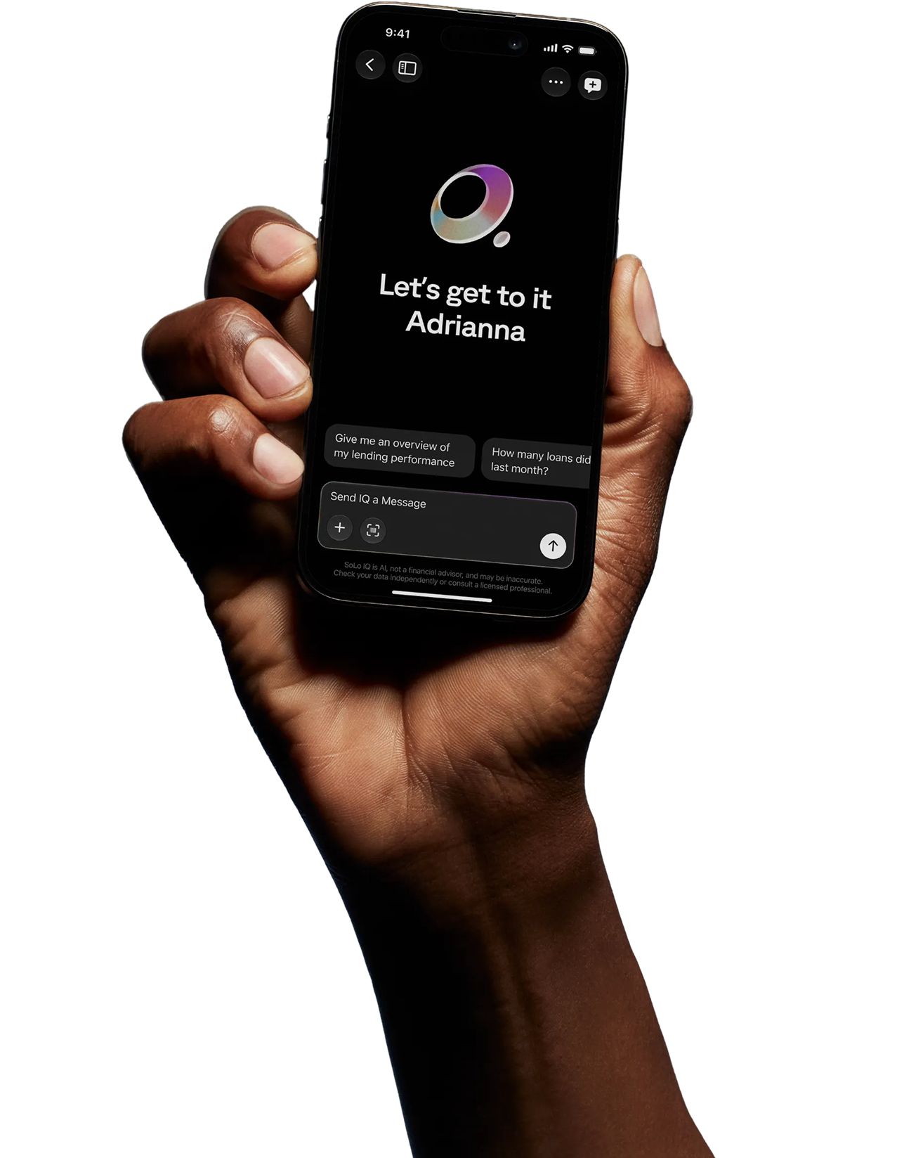 A hand holding a cellphone with the SoLo App open with SoLo IQ