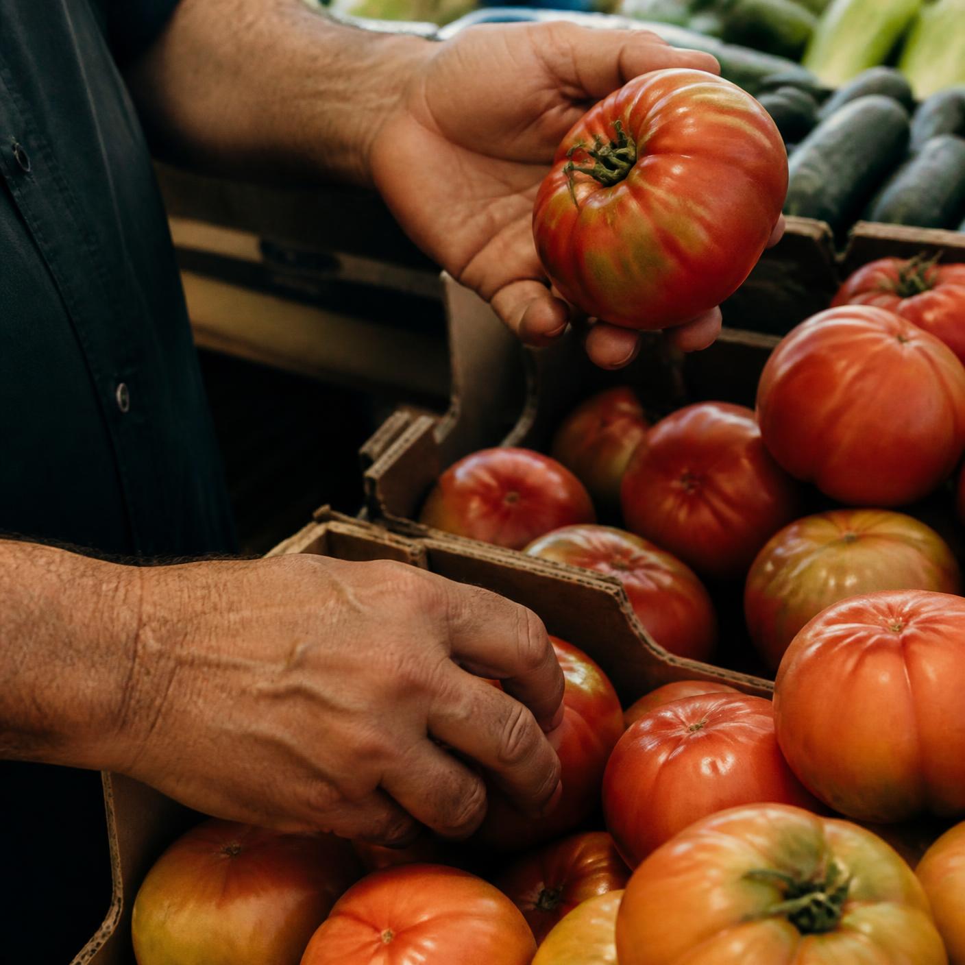 Manos eligiendo tomates frescos en un puesto de mercado