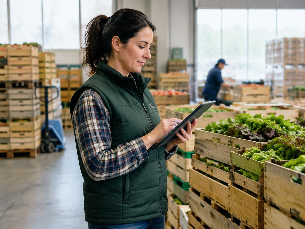 Responsable de almacén revisando pedidos de productos frescos en una tableta