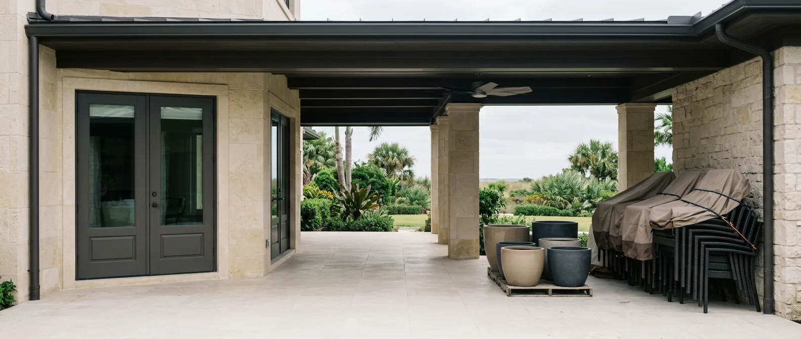 Covered loggia closed for the season, with outdoor furniture stacked and covered beside the doors.