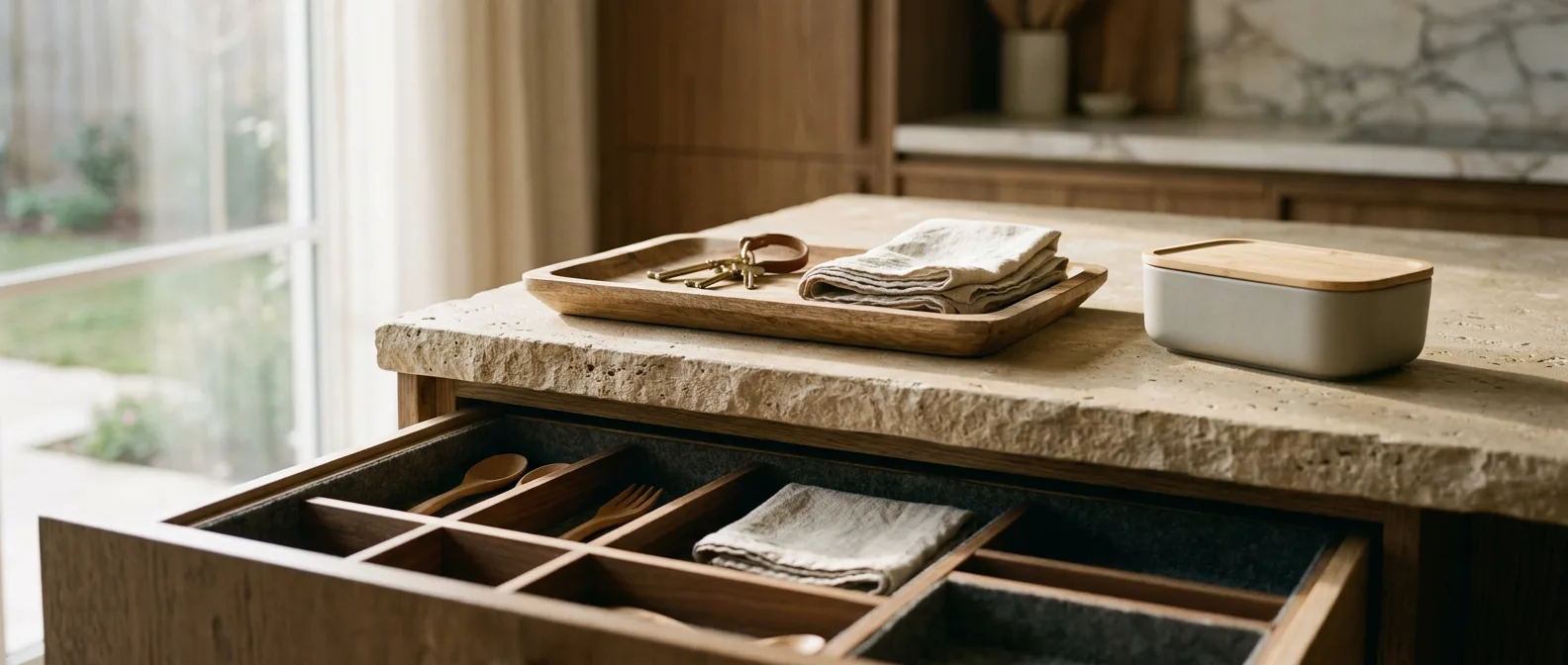 Kitchen island drawer with fitted wooden dividers beneath a stone countertop.