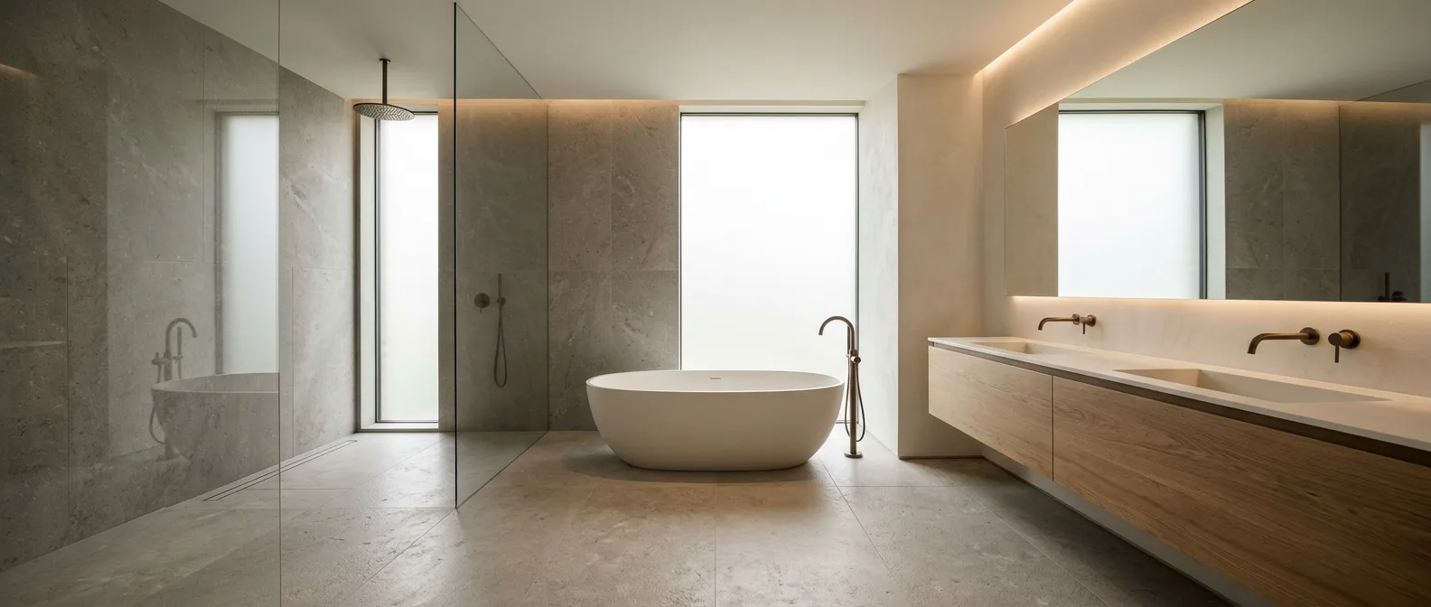 Calm stone bathroom with a freestanding tub, a glass walk-in shower and a floating oak vanity.