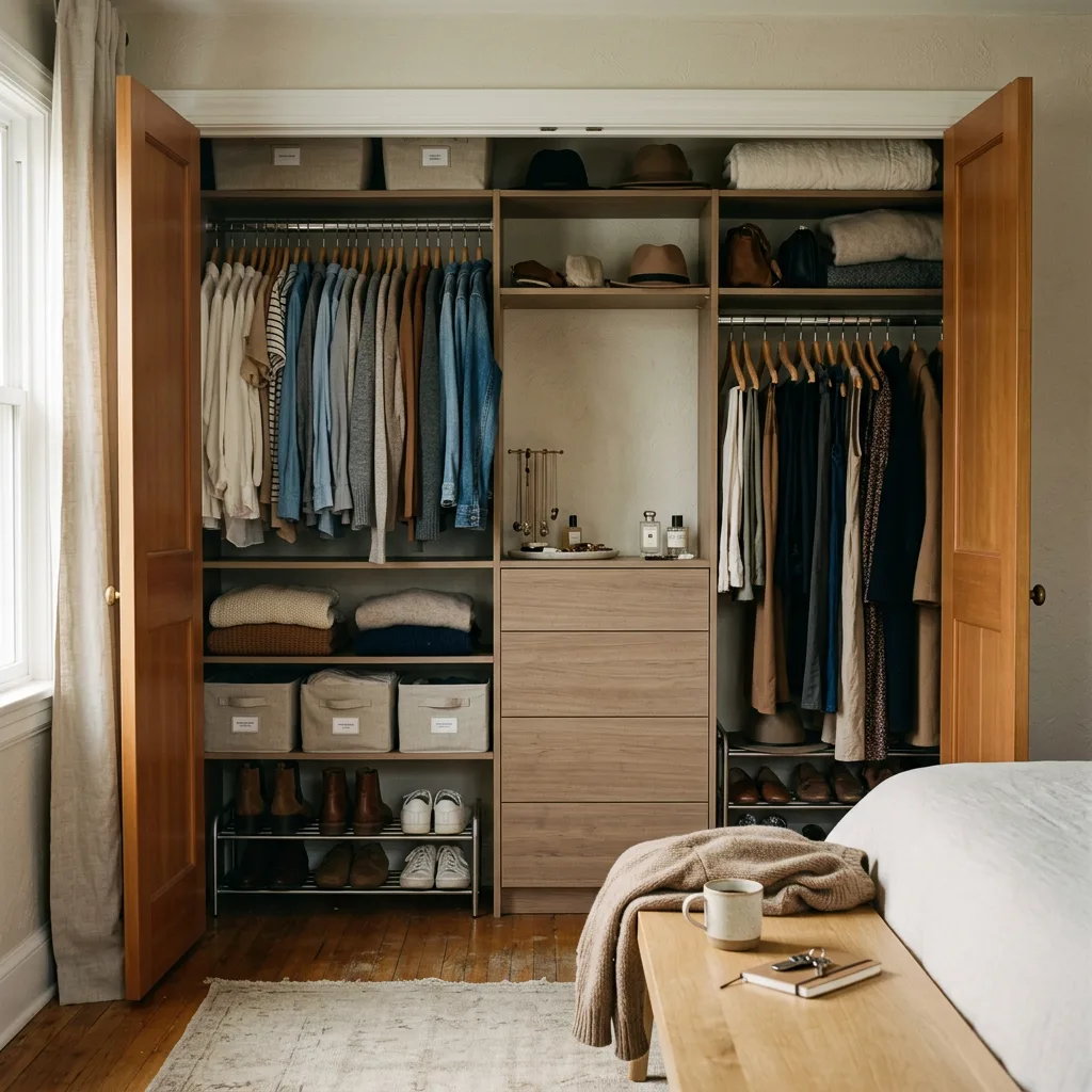 Reach-in bedroom closet with oak doors open onto organized hanging, shelving and shoe storage.