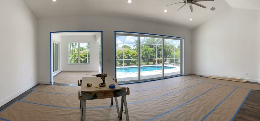 Bright room near the end of a renovation, with protected floors and new sliding doors to the pool.
