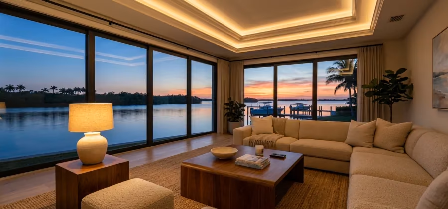 Living room at dusk with warm cove lighting and windows onto calm bay water.