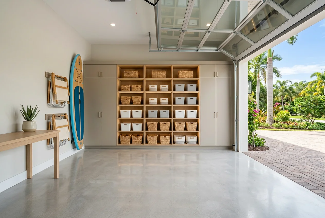 Finished garage with built-in storage, a mounted paddleboard and the glass door open to palms.
