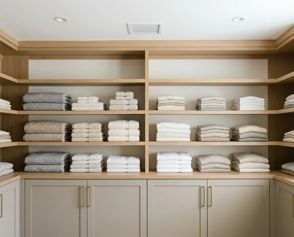 Folded linens and towels on oak shelving above greige cabinets with brass pulls.