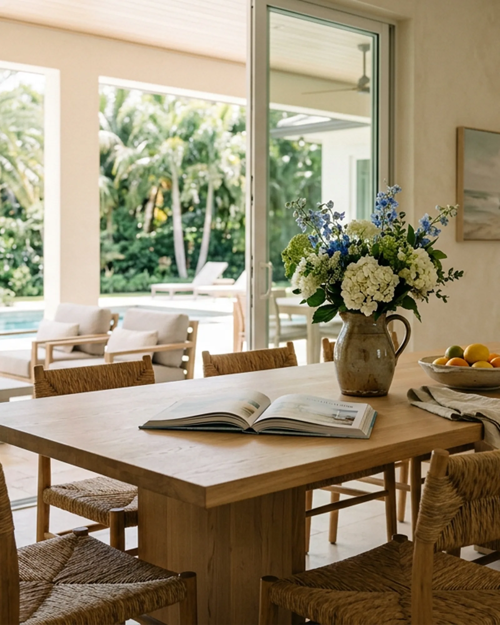 An oak dining table set beside open sliders to the lanai and pool, with fresh flowers, a bowl of citrus and an open book.