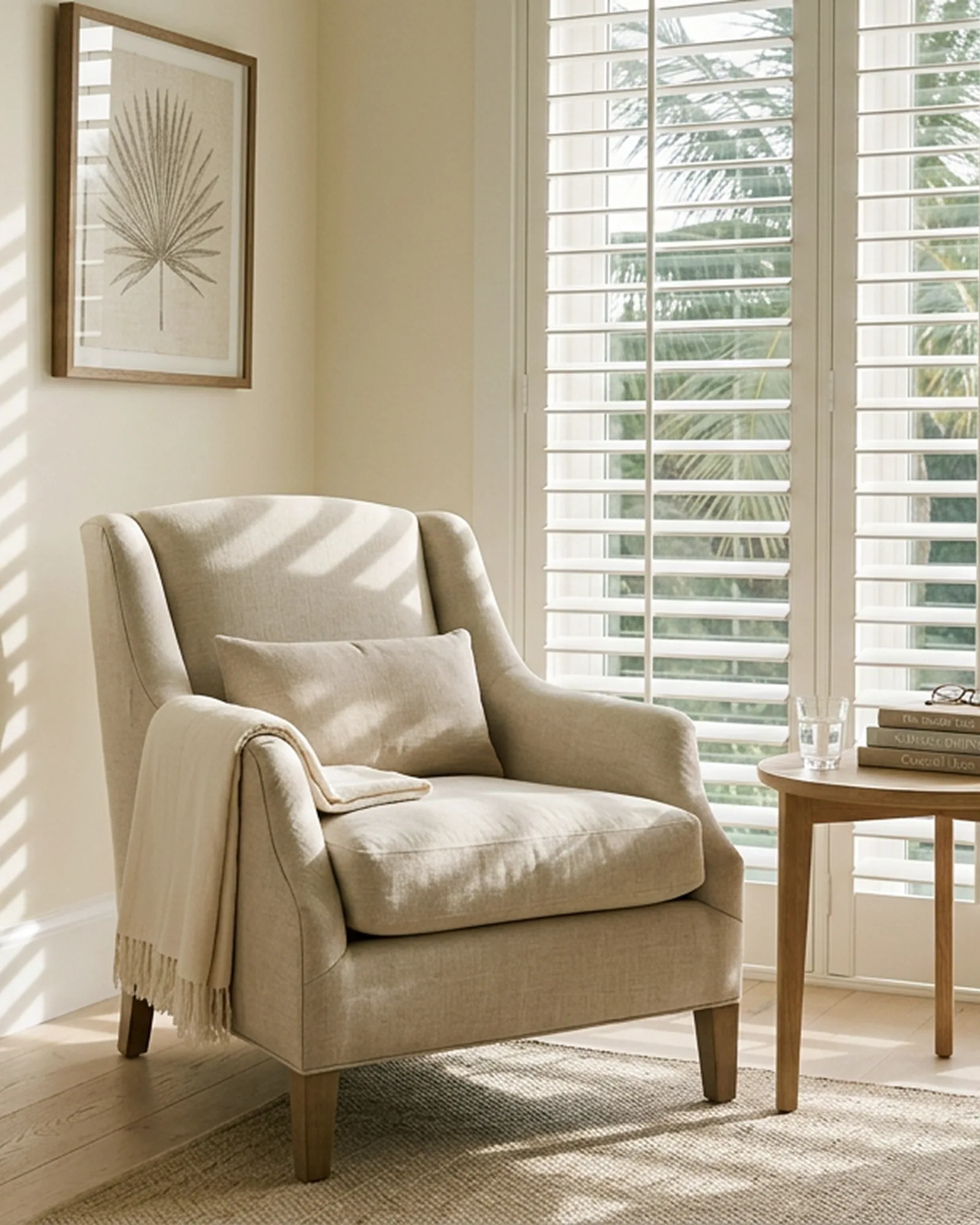 A linen reading chair turned toward plantation shutters in afternoon light, books and a glass of water on the side table.