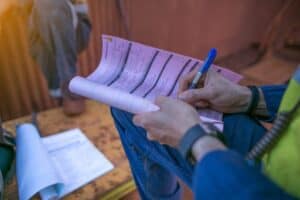 field service technician fills out paperwork with a pen