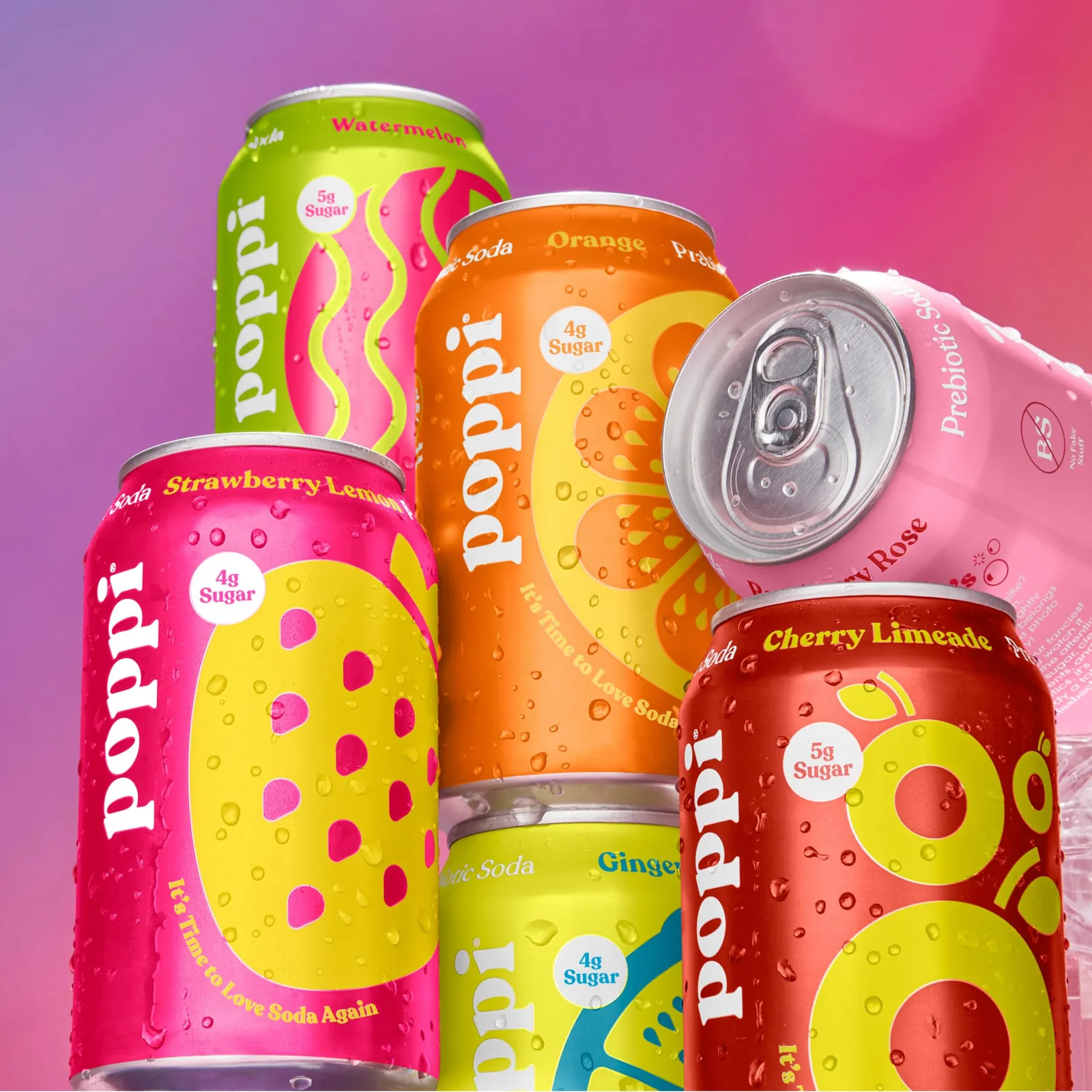 Poppi prebiotic soda cans in an assortment of flavors