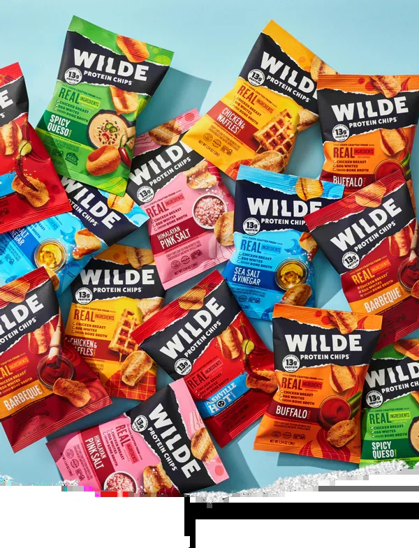 Assortment of Wilde protein chip bags in various flavors
