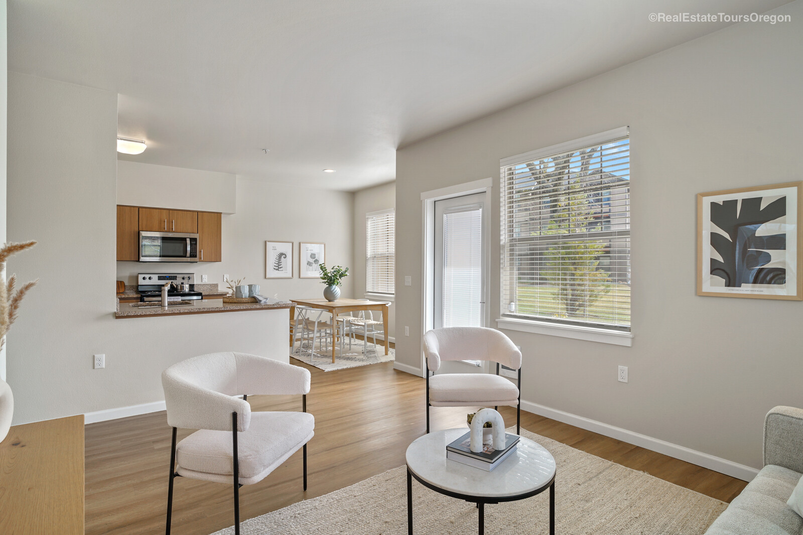Cozy living room with neutral decor at The Grove in Salem, Oregon