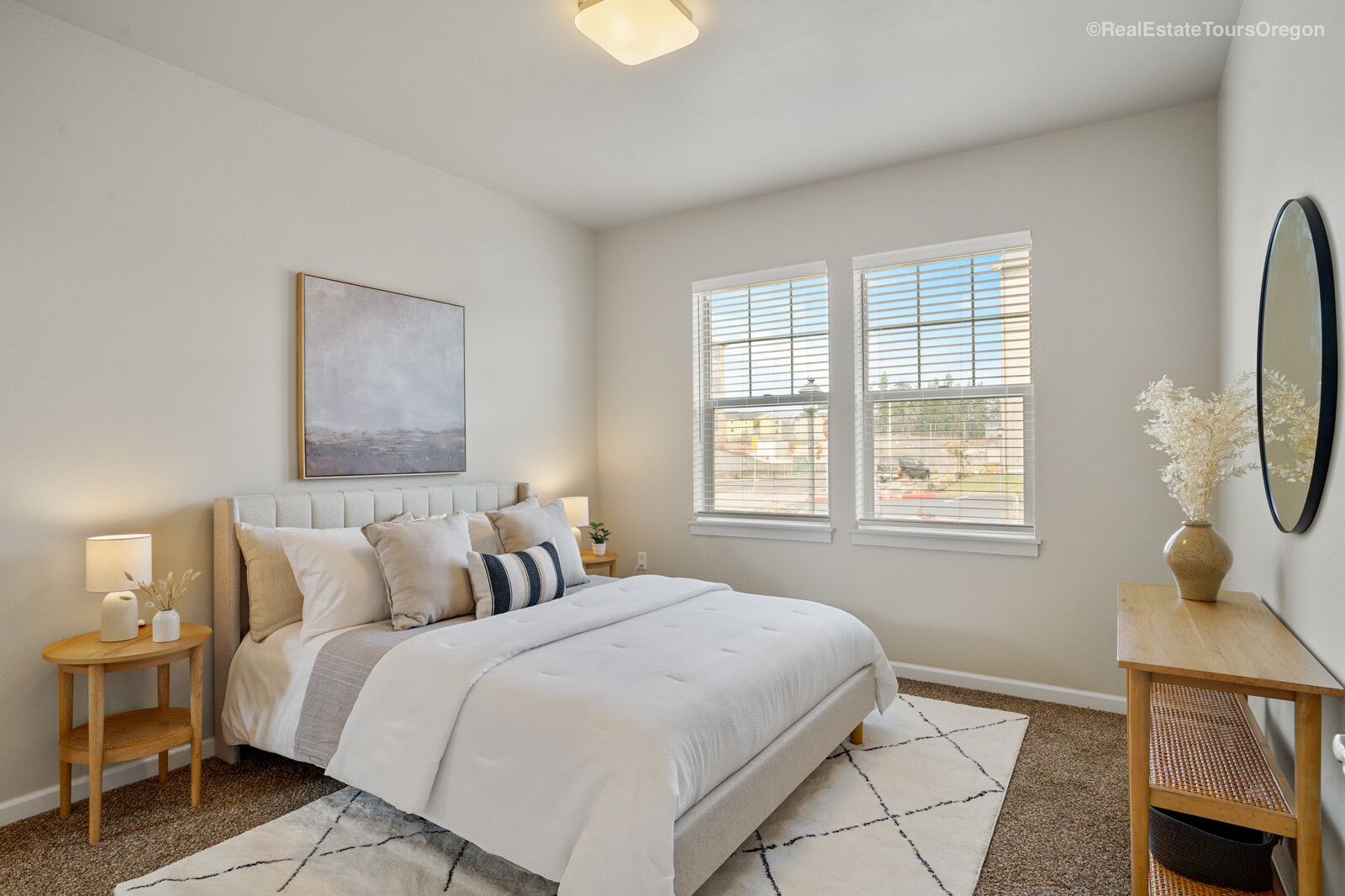Modern bedroom featuring neutral tones at The Grove in Salem, Oregon