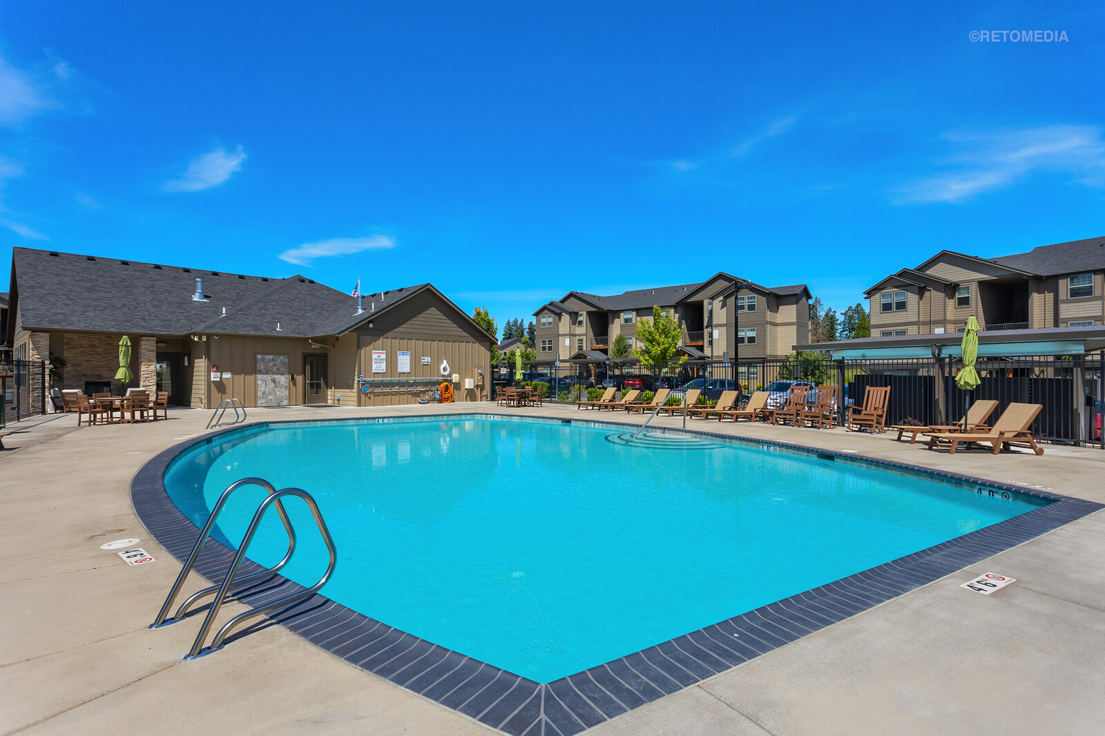 Large swimming pool with seating at The Grove in Salem, Oregon