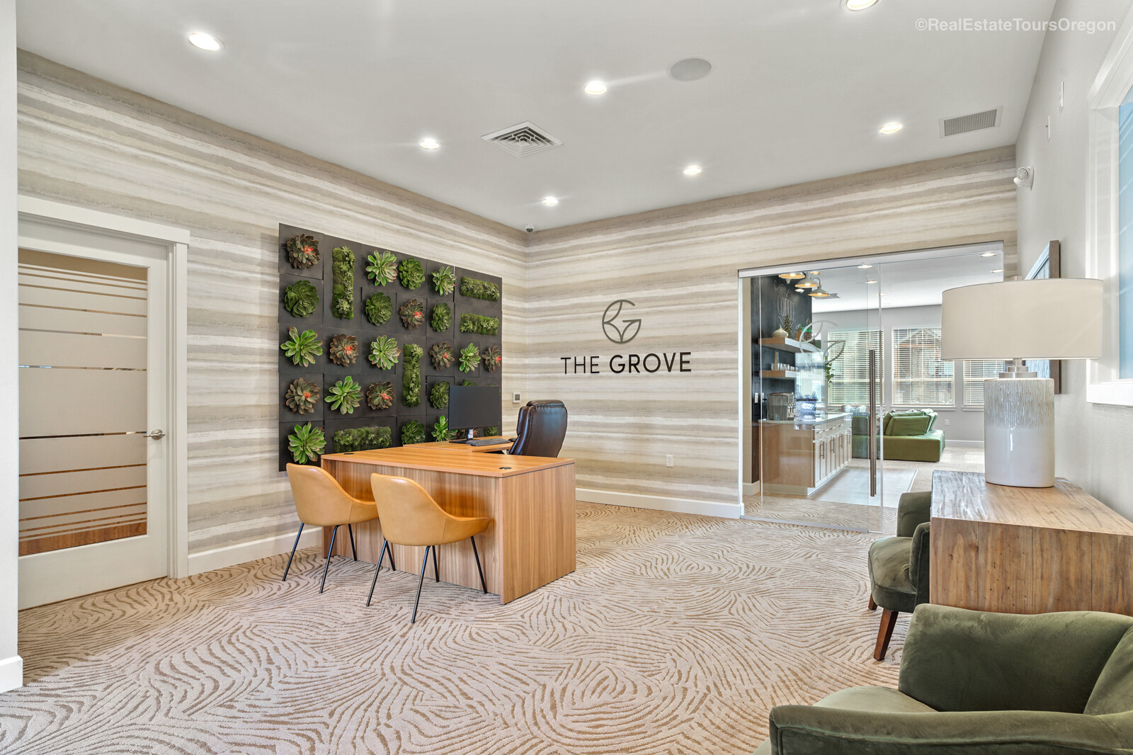 Modern reception area with plants at  The Grove in Salem, Oregon