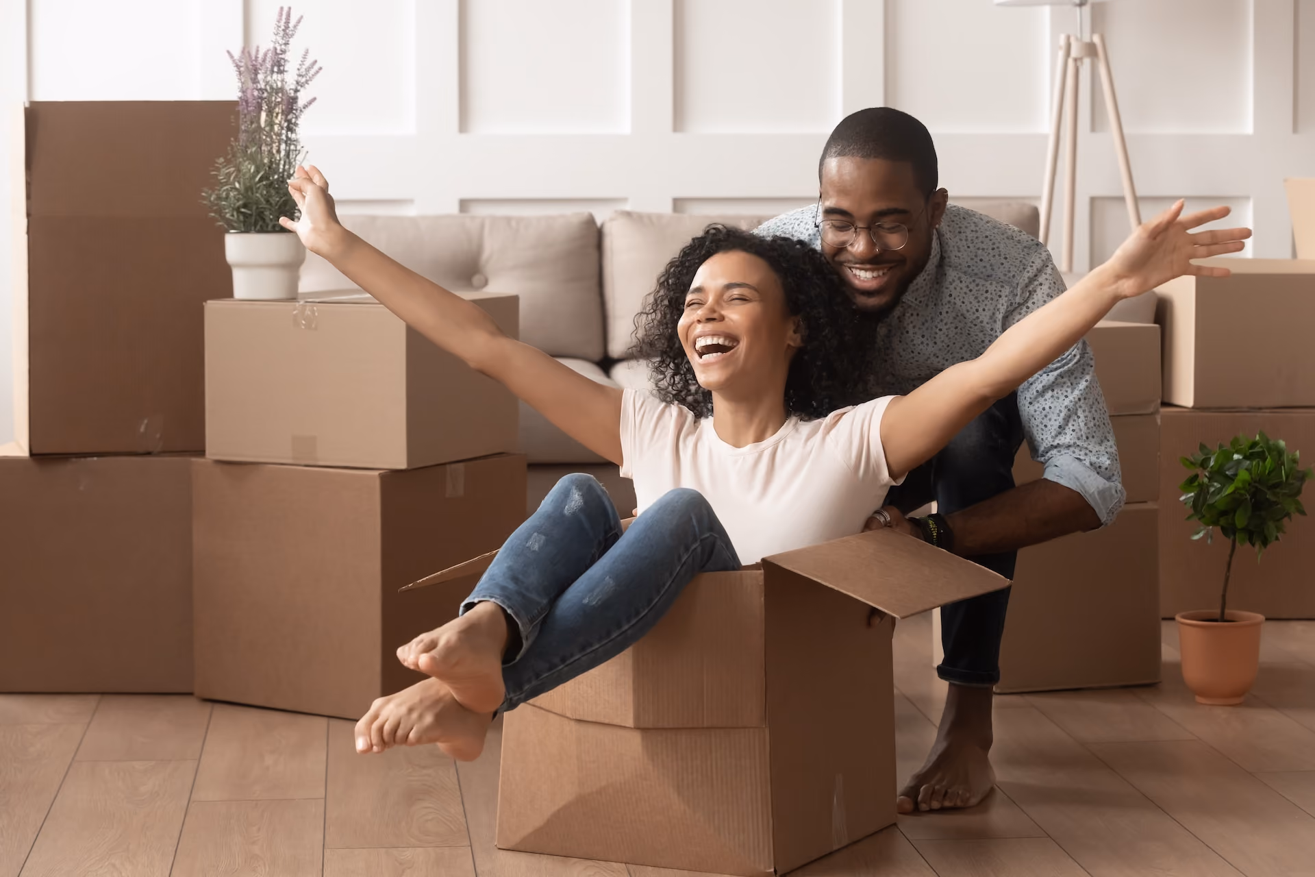 Couple in box laughing