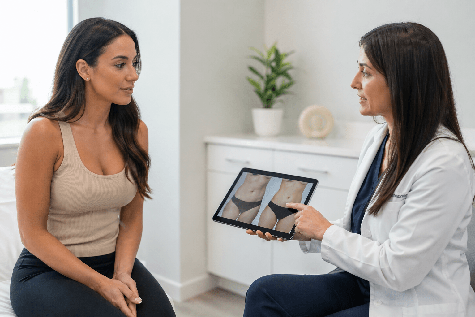 Patient consulting with a board-certified plastic surgeon about body contouring in Houston, Texas