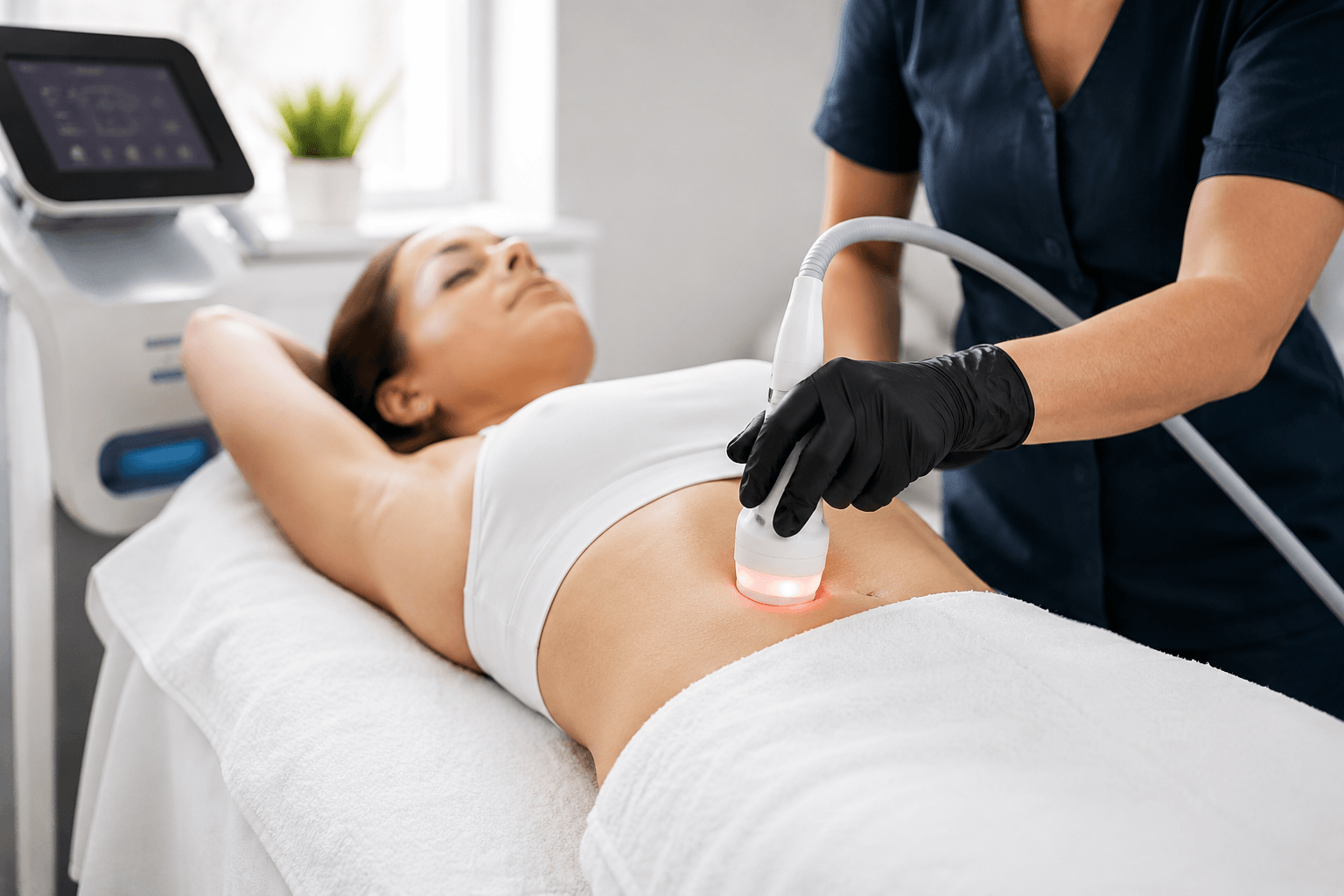 Patient receiving BodyTite skin tightening treatment after liposuction to improve loose skin and body contour in Houston, Texas