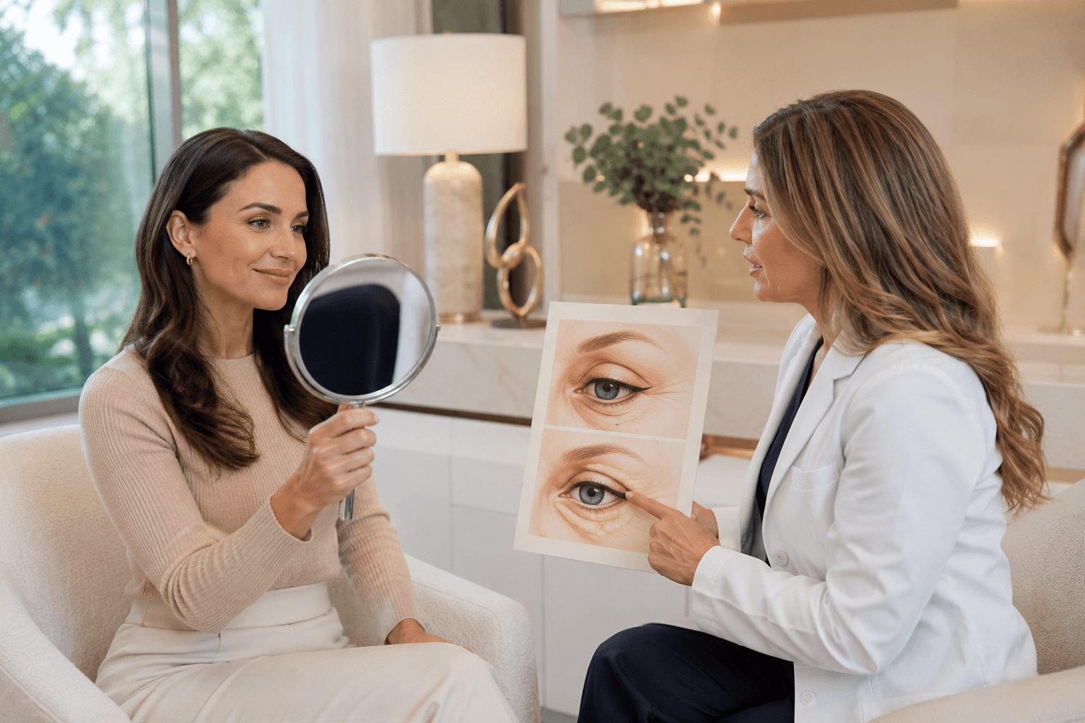 Patient consultation discussing eyelid surgery price and blepharoplasty options in Houston, Texas