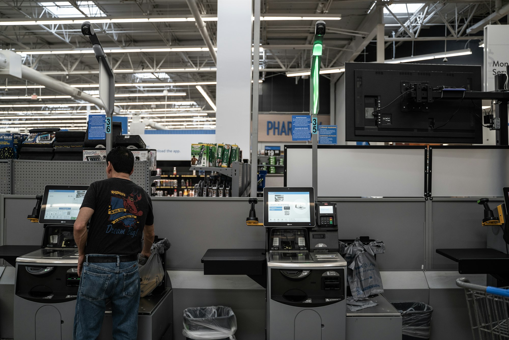 Self-checkout lanes in a retail store