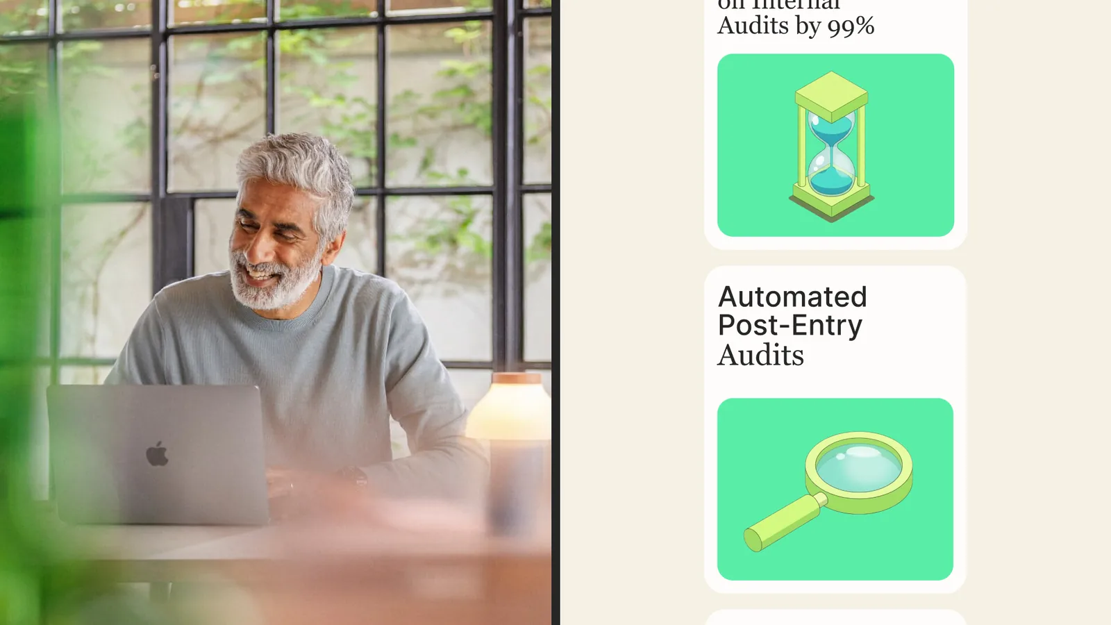 Portrait photo next to app screens for audits