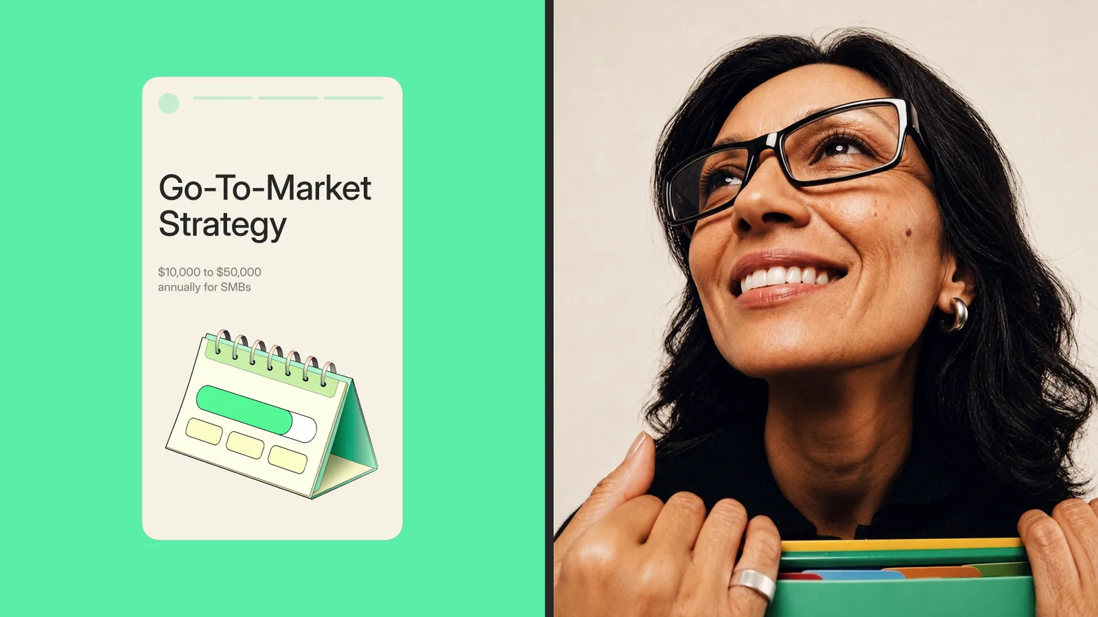 Go-To-Market Strategy booklet next to a portrait photo