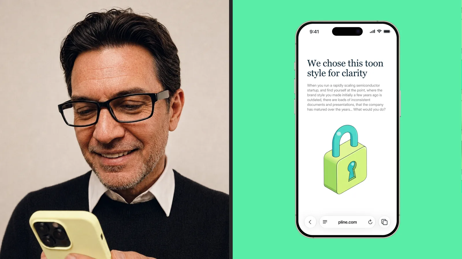 Portrait photo next to the mobile app