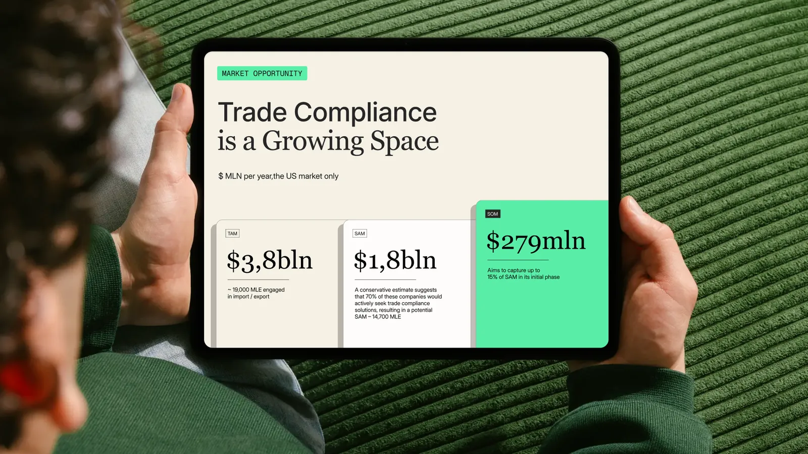 Market sizing slides shown on a tablet