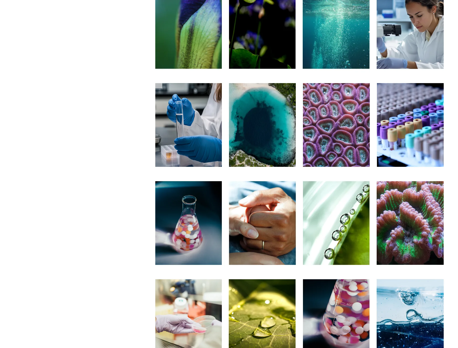 Photography grid: nature, lab and cellular imagery