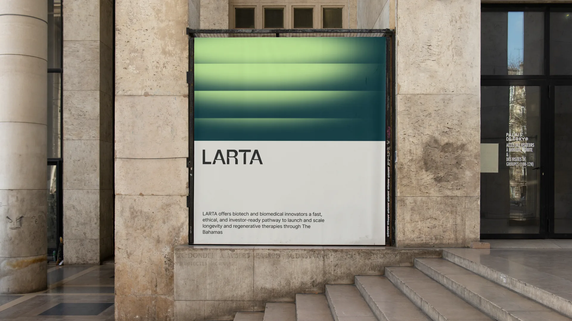 Poster with the green gradient and wordmark on a stone building