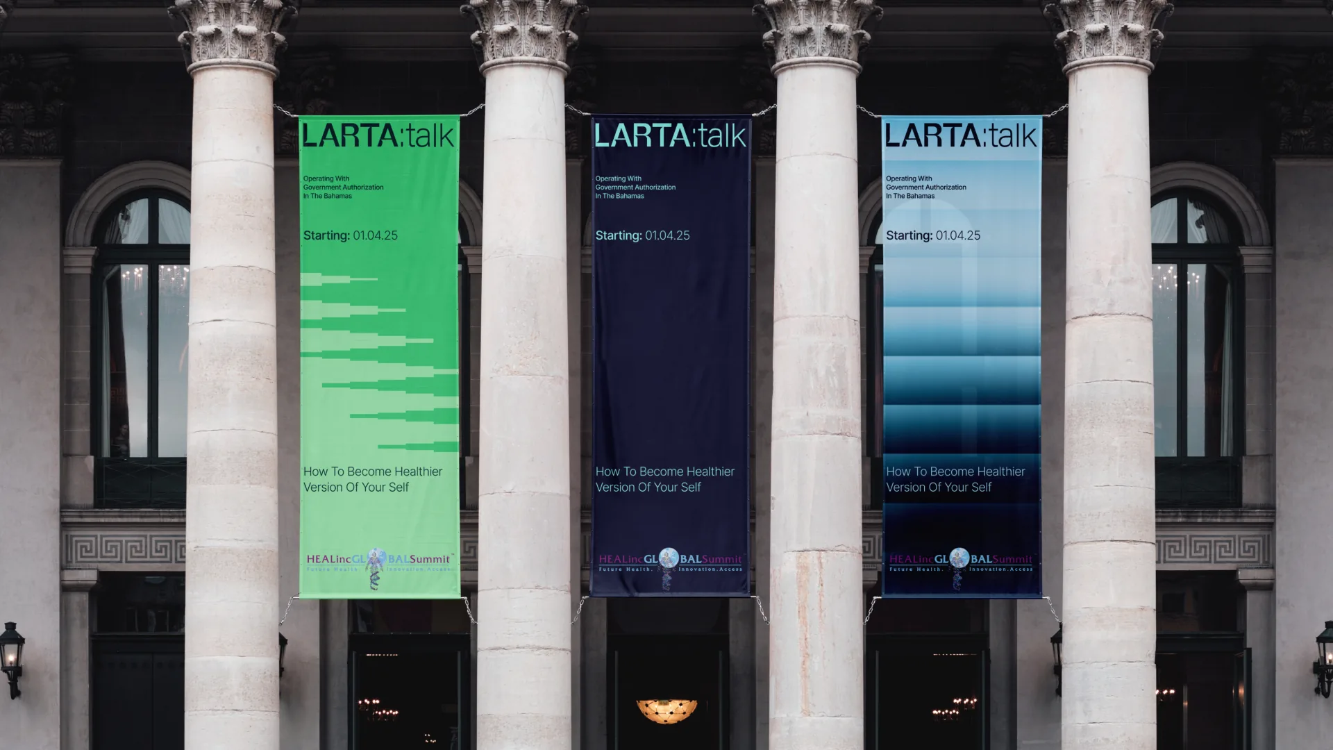 Talk series banners between classical columns