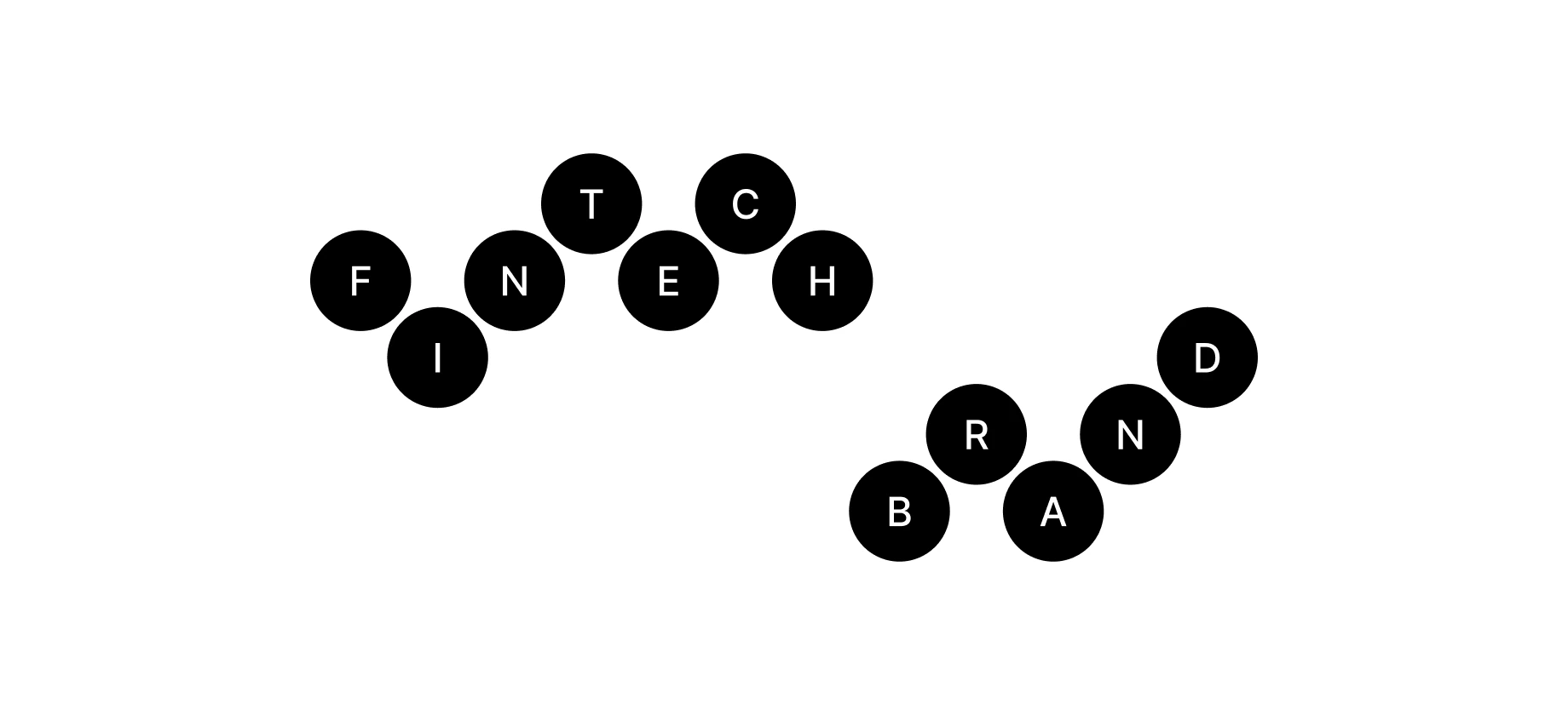 Black circles on white, each holding one letter, spelling fintech brand