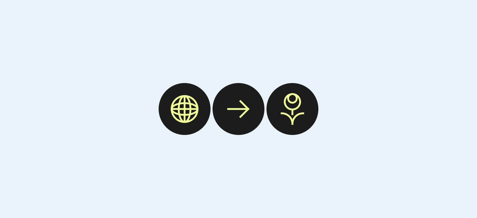 Three black circles with lime line icons on pale blue: a globe, an arrow and a flower