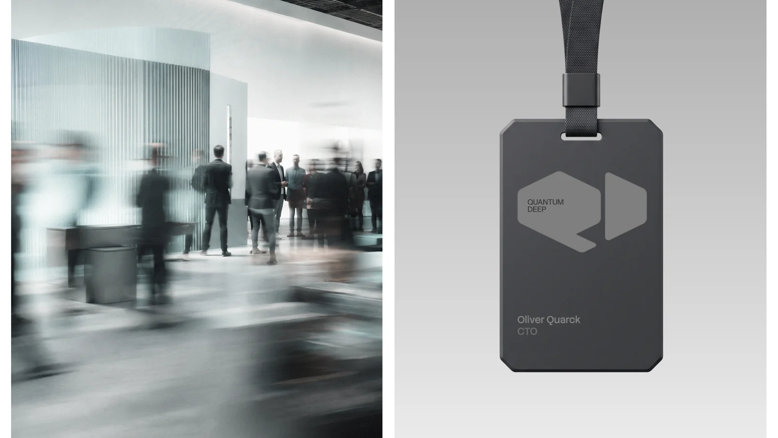 Conference crowd next to a branded event badge