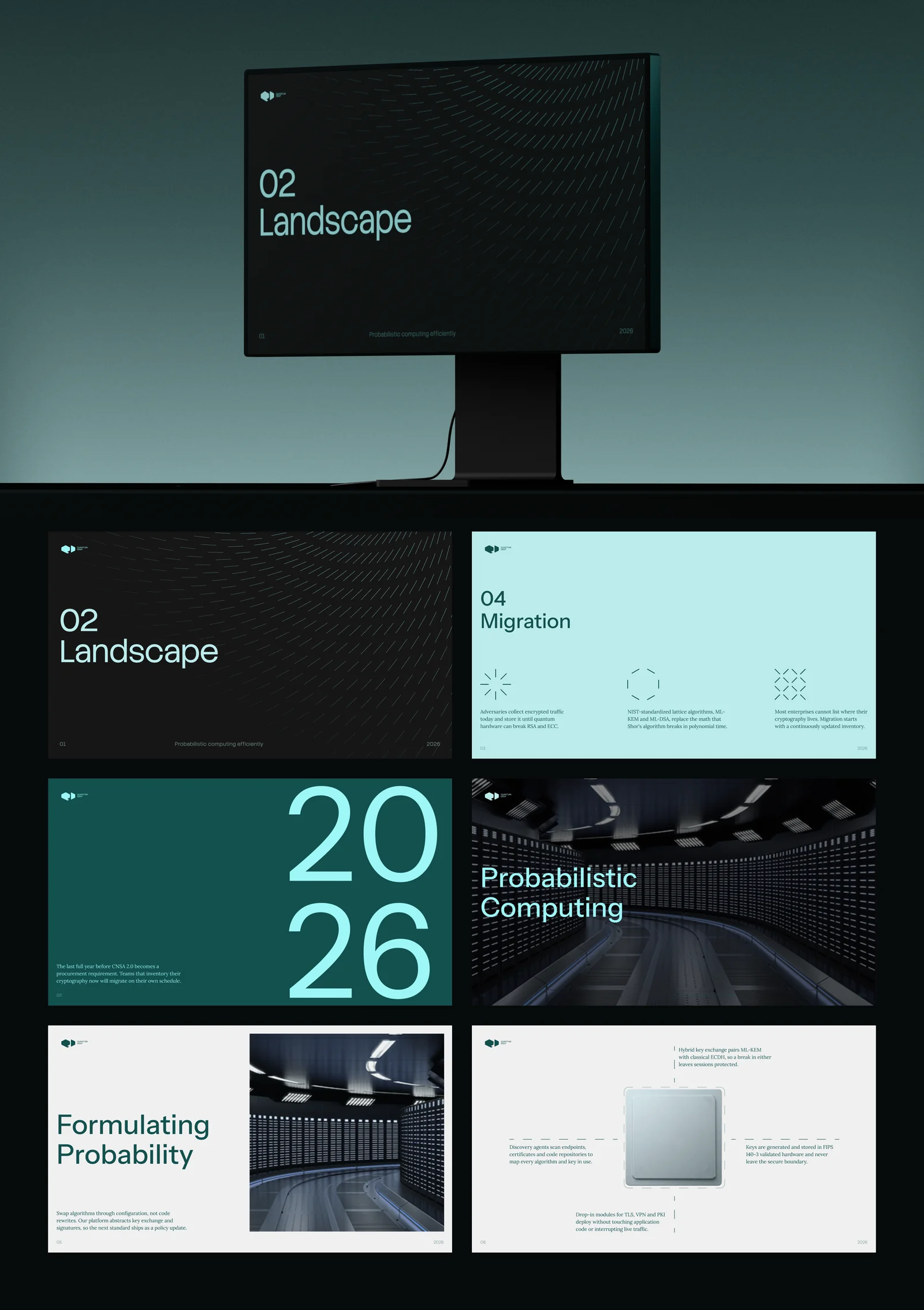 Landscape chapter slide on a monitor above a grid of pitch deck slides