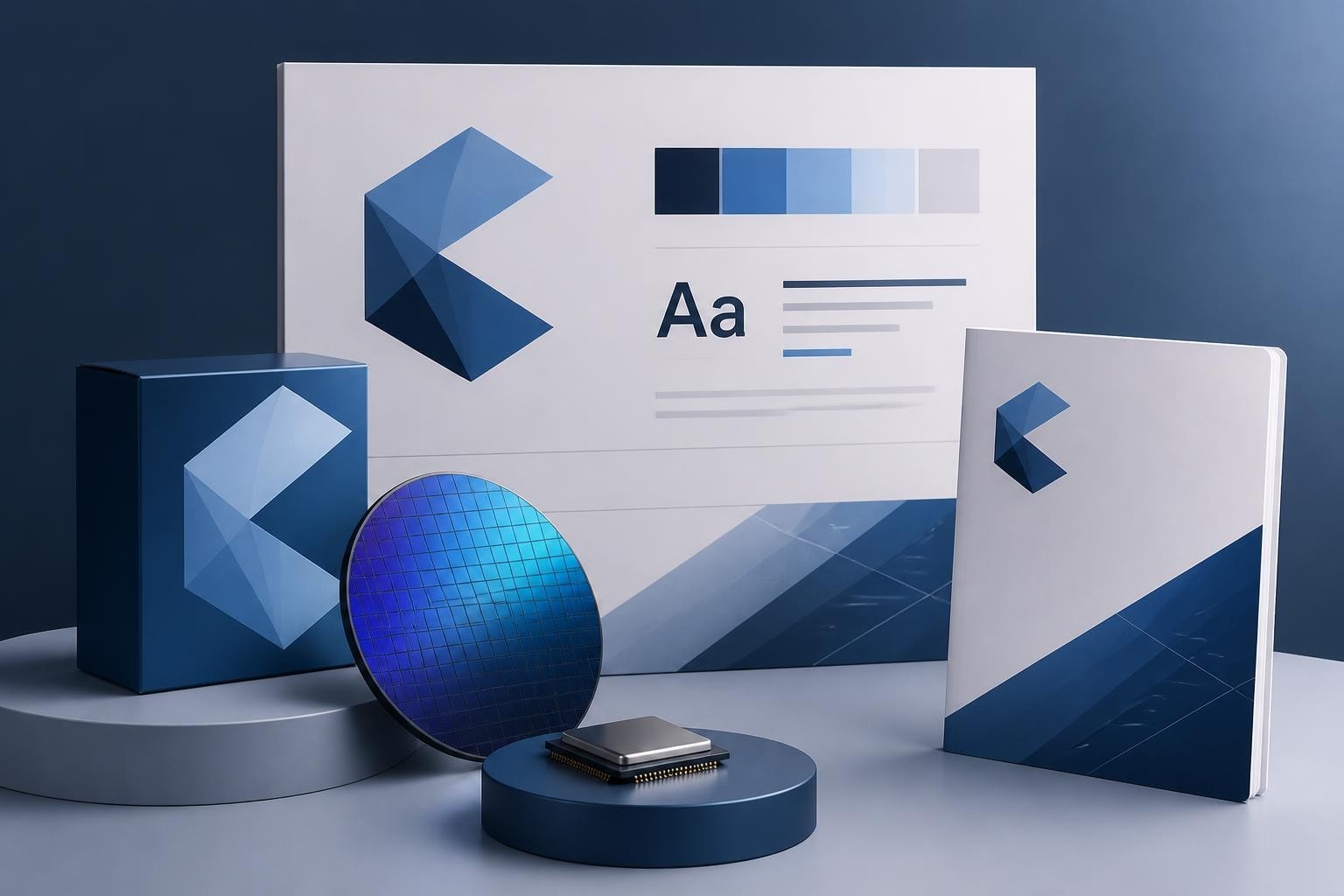 Blue geometric logo mockups with a silicon wafer and processor chip