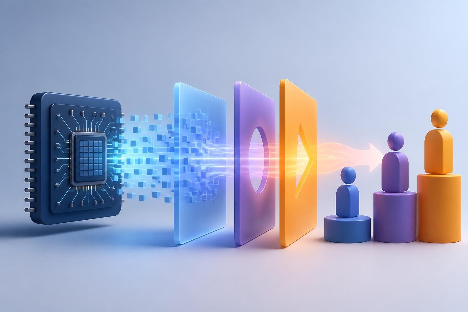 Microchip data passing through three colored panels toward rising figure pedestals