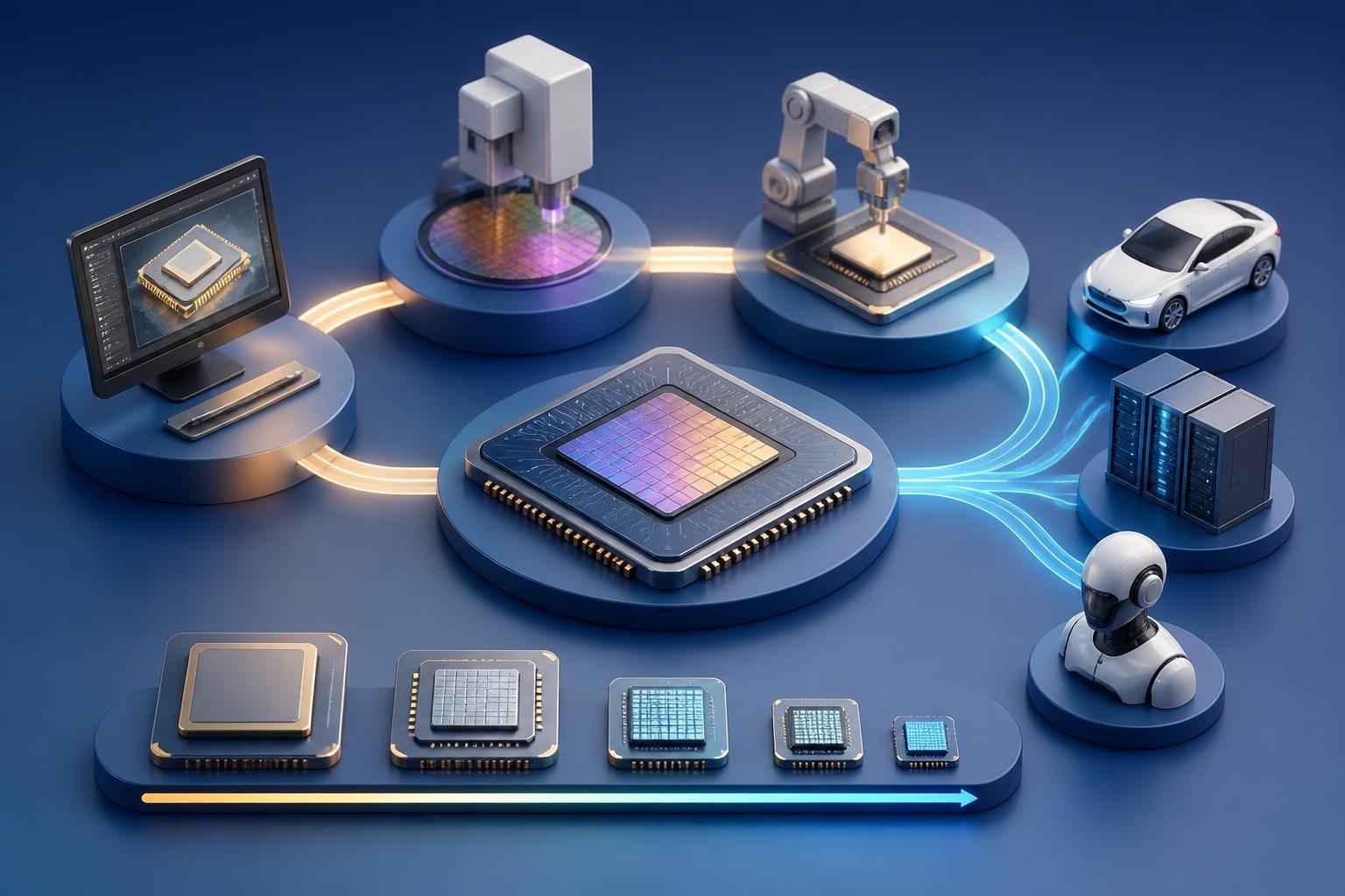 Chip connected to wafer fab, assembly robot, car, servers and humanoid robot