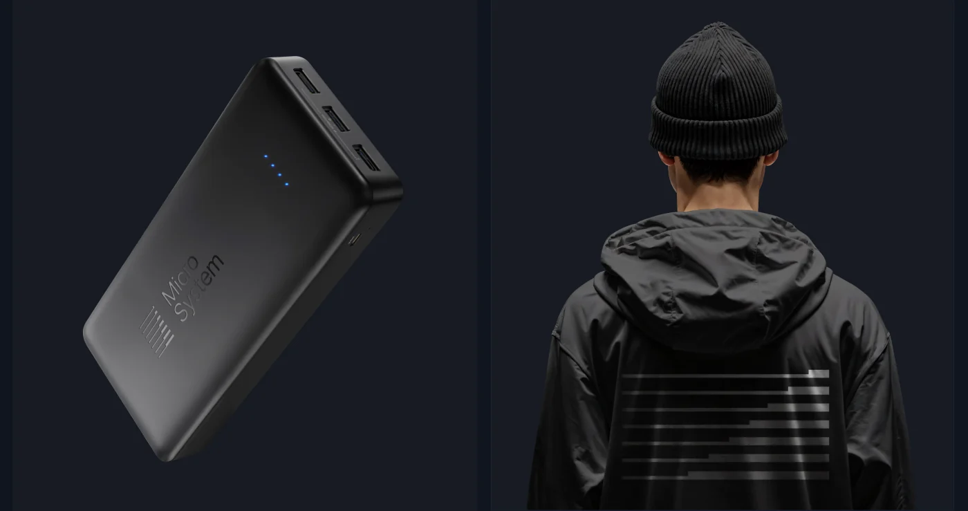 Branded power bank next to a jacket with the signal line print