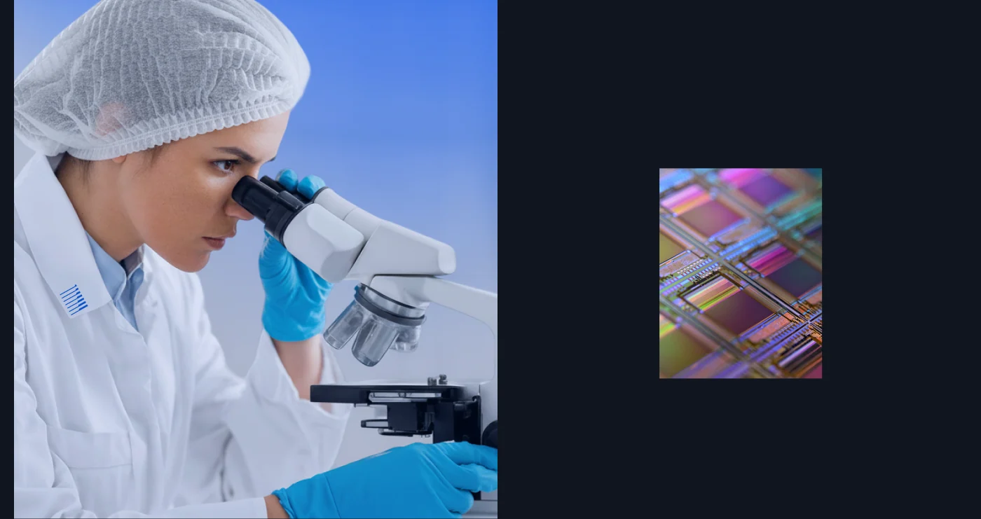 Engineer at a microscope next to a close-up of a silicon wafer