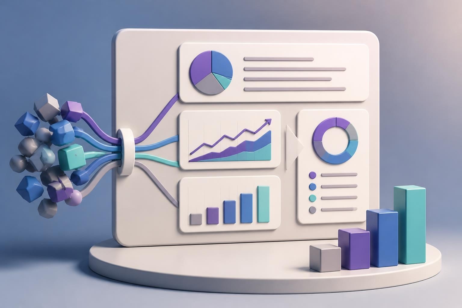 3D dashboard turning scattered cubes into charts and graphs