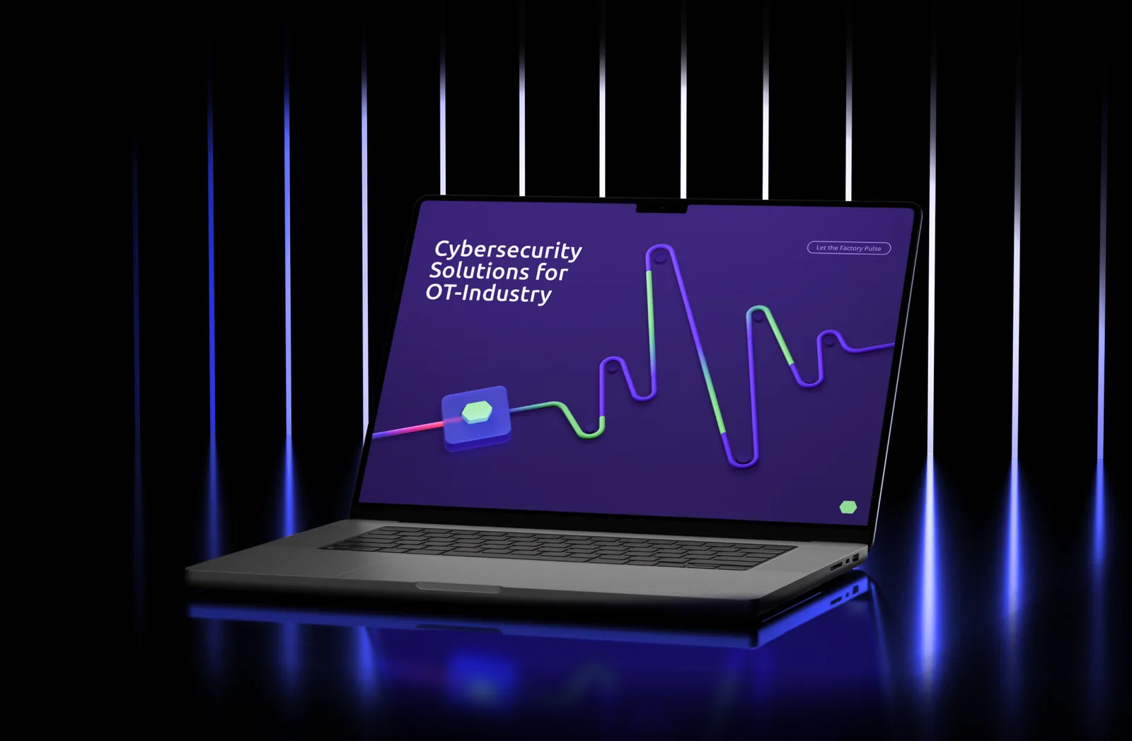 Deck title slide on a laptop: Cybersecurity Solutions for OT-Industry