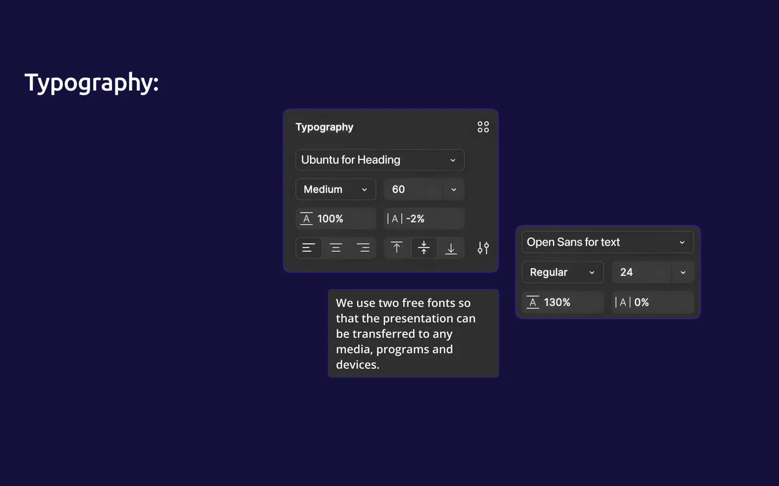 Typography settings: Ubuntu for headings and Open Sans for text
