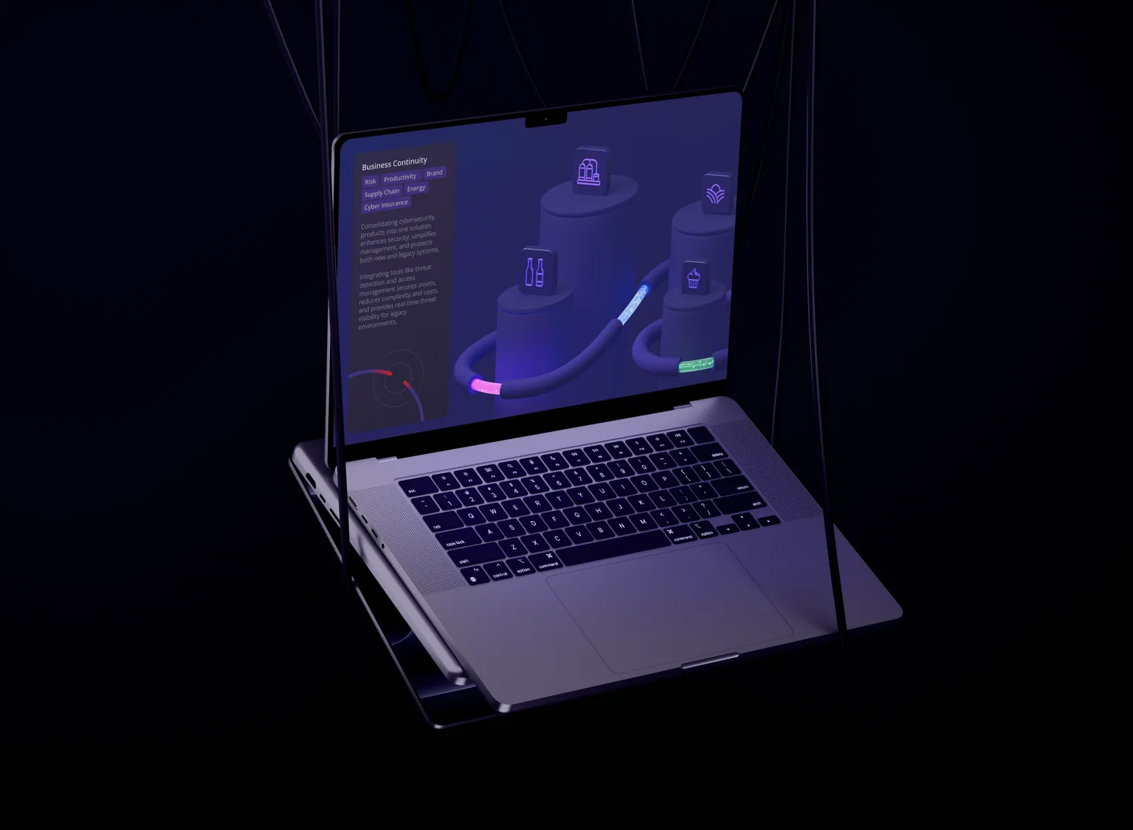 Business continuity slide with 3D product pillars on a laptop