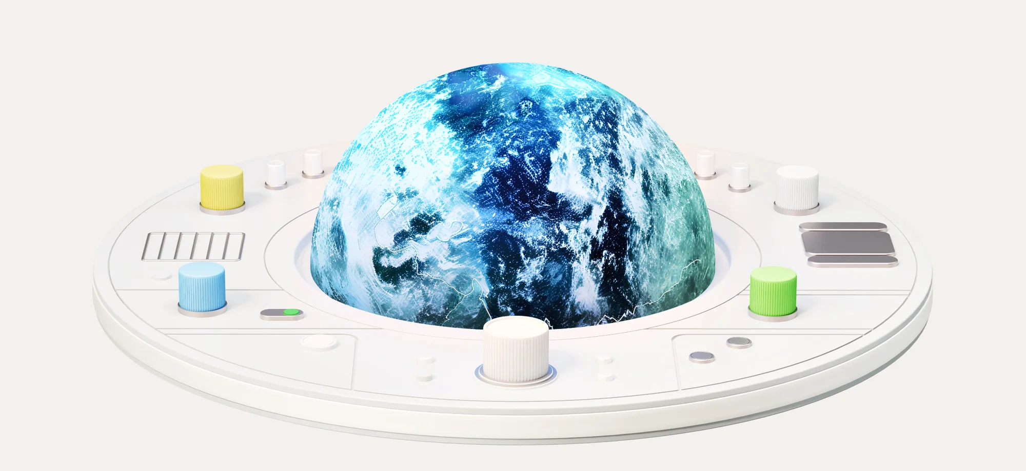 Key visual: a 3D globe set into a white control panel with coloured dials